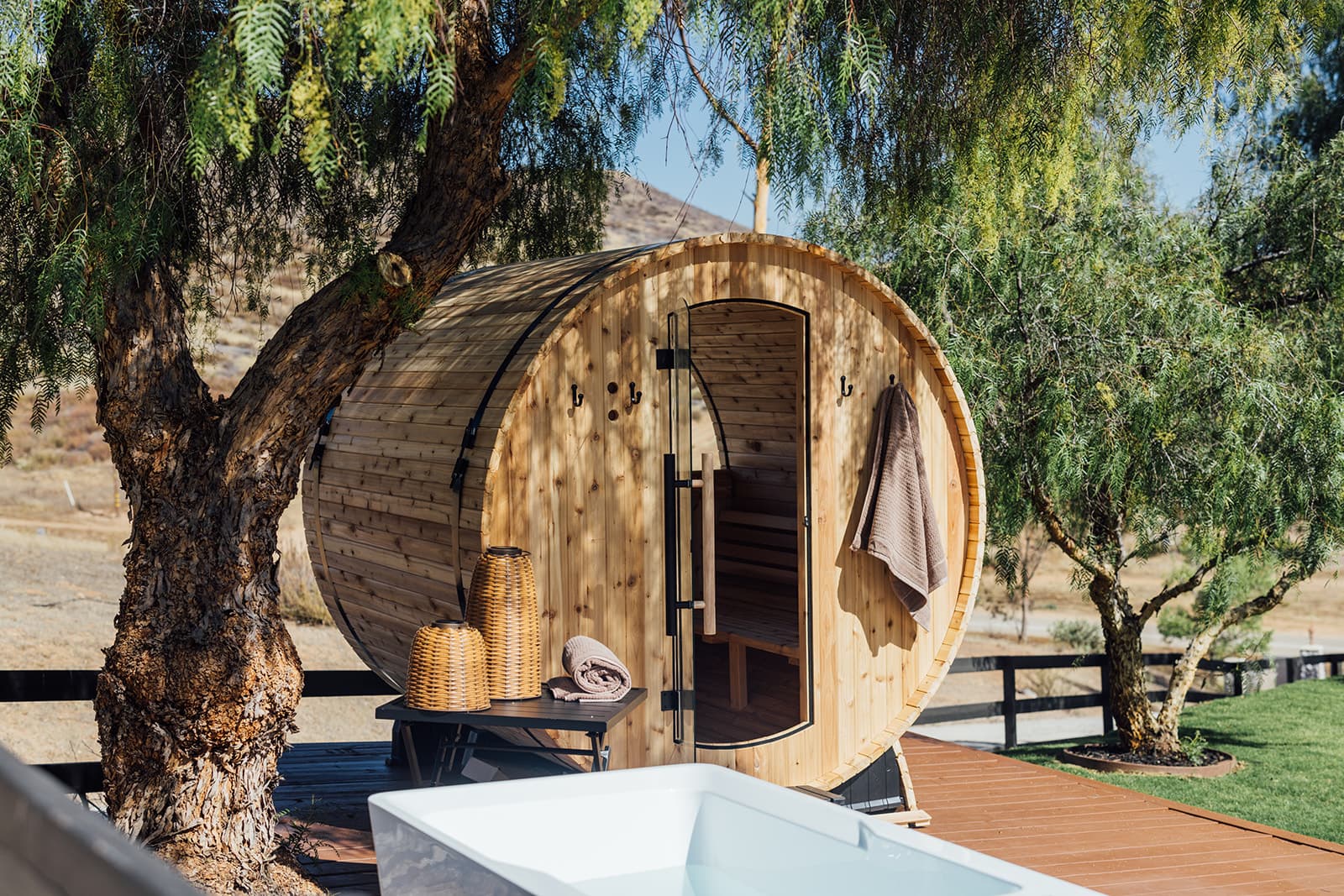 Cedar barrel sauna on the wellness deck